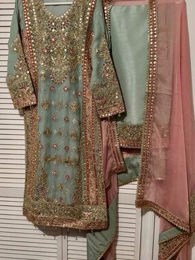 Embroidered Seafoam & Blush Wedding Dress with Gold Accents